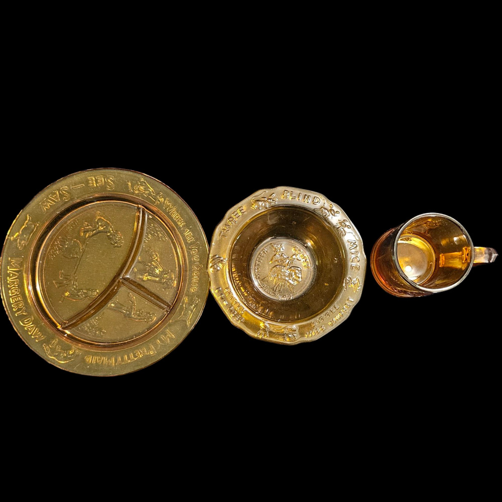 Tiara Indiana Glass Amber Nursery Rhyme Child Dish Set Plate Bowl Mug Vintage